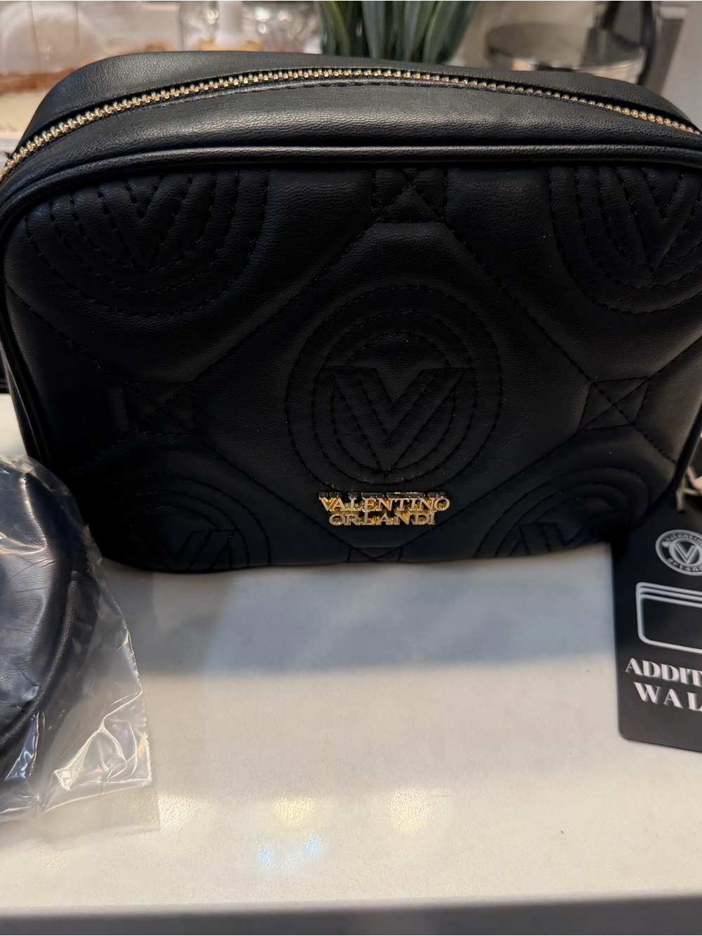 Valentino Orlandi Black Quilted Cosmetic Case with Gold Logo